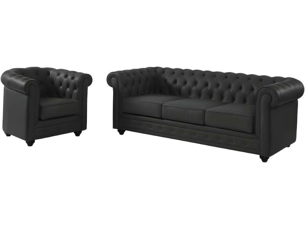 Ledersofa 3-Sitzer + Ledersessel - Büffelleder - Schwarz - CHESTERFIELD günstig online kaufen