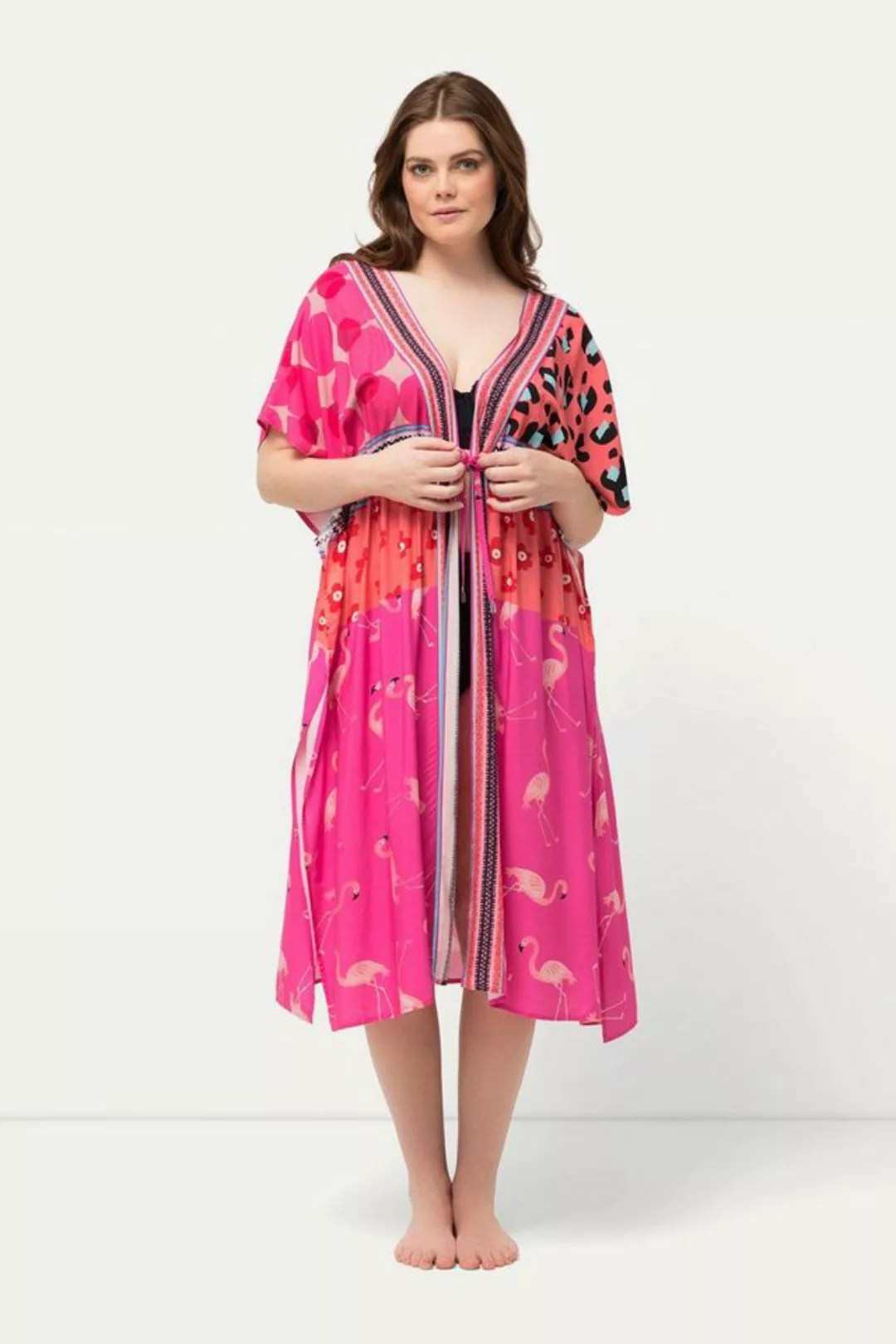 Ulla Popken Strandkleid Kaftan Flamingos Bindeband V-Ausschnitt Halbarm günstig online kaufen