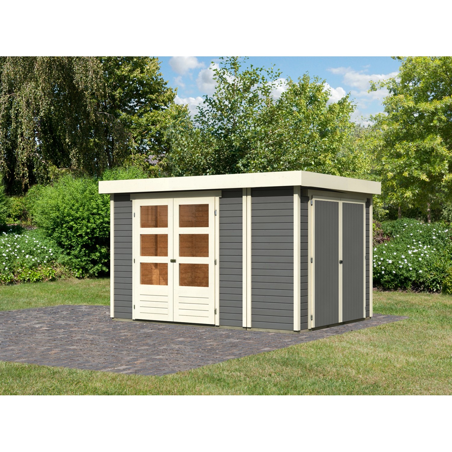 Karibu Gartenhaus/Gerätehaus Set Retola 4 Terragrau mit Anbauschrank 5,76 m günstig online kaufen