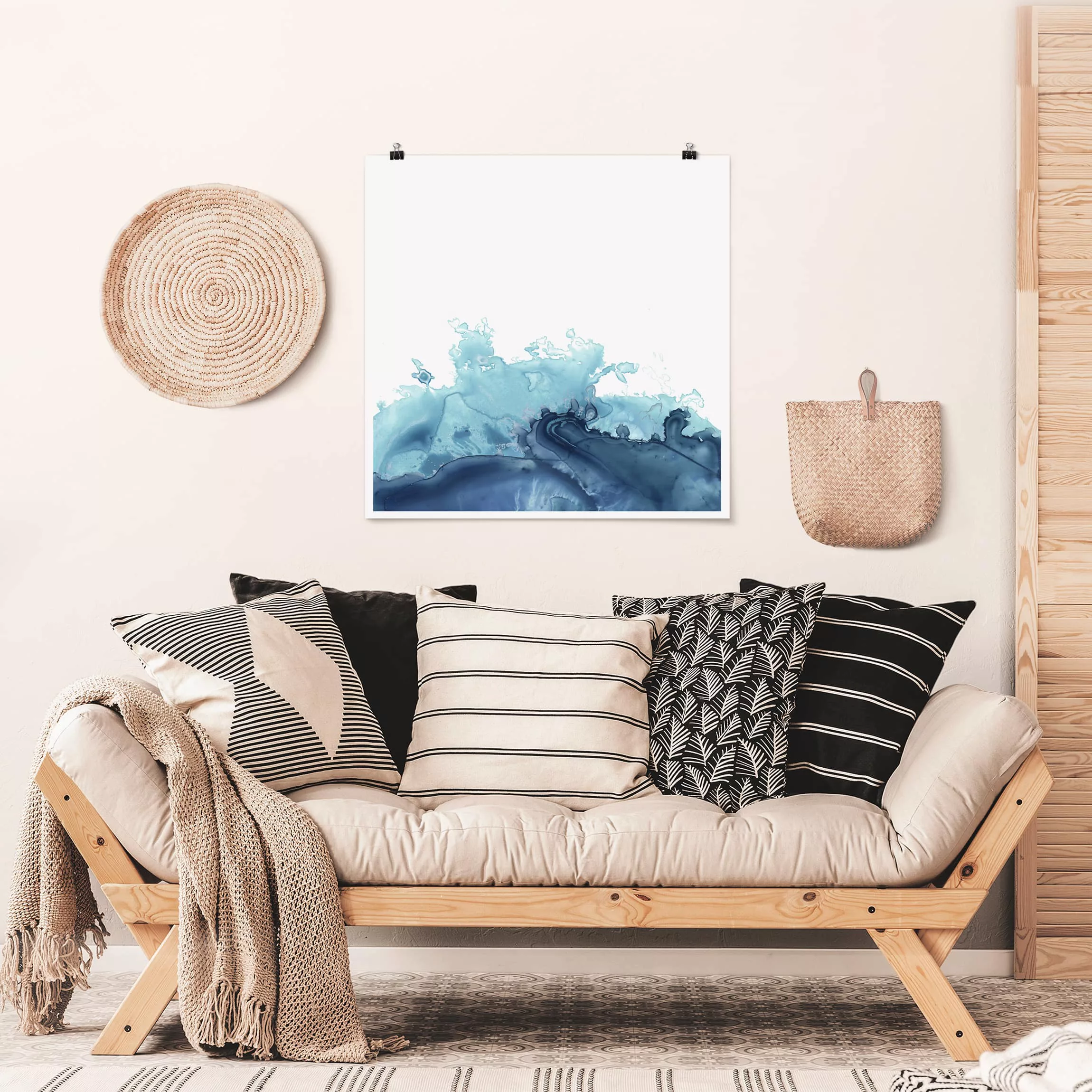 Poster Abstrakt - Quadrat Welle Aquarell Blau I günstig online kaufen