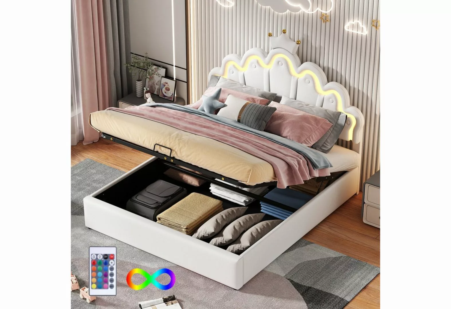 Flieks Polsterbett, LED Kinderbett Doppelbett mit krone-Form Prinzessinnenb günstig online kaufen