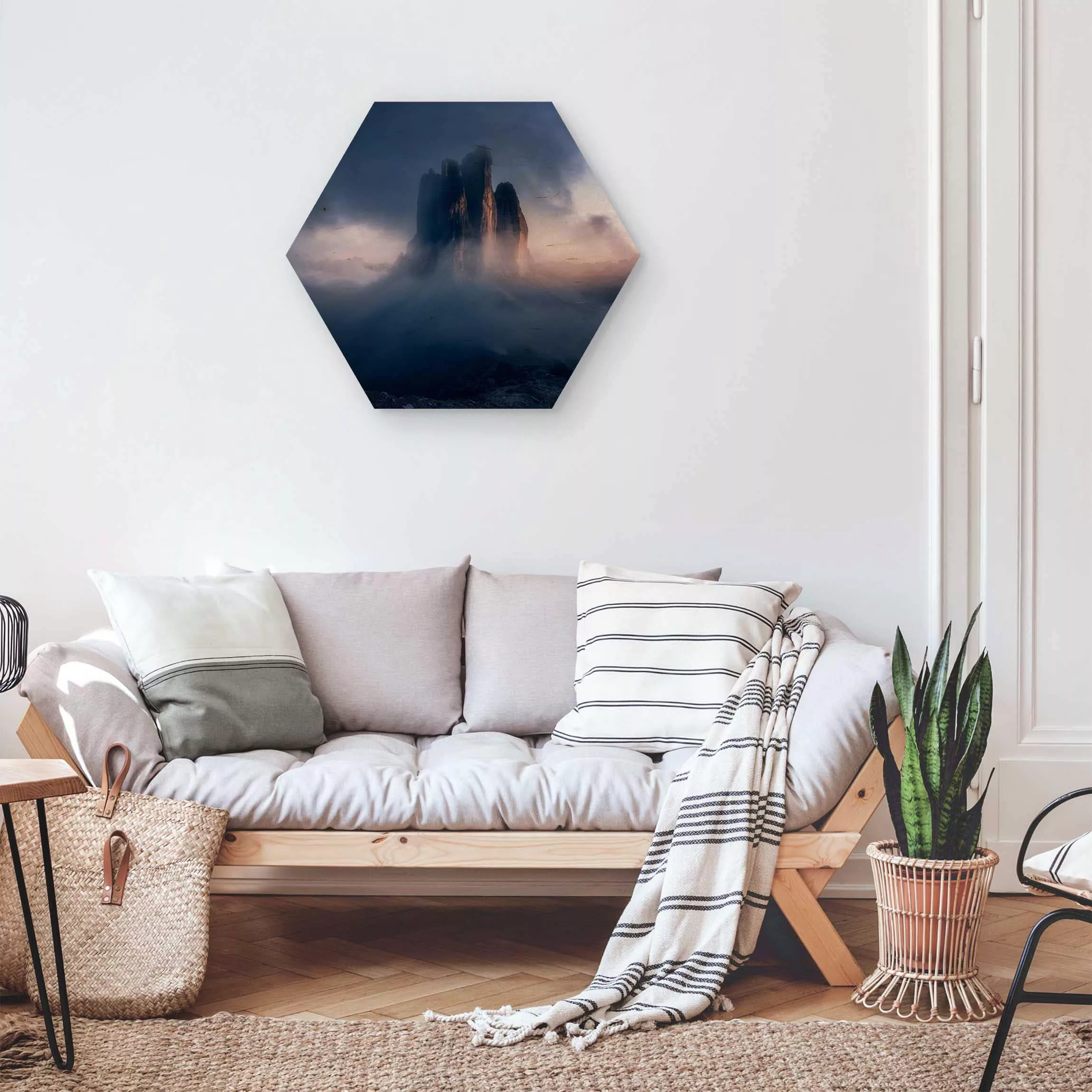 Hexagon-Holzbild Natur & Landschaft Drei Zinnen in blauem Licht günstig online kaufen