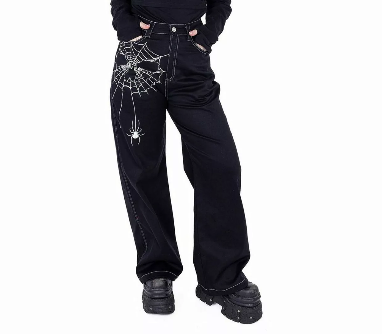 Heartless Stoffhose Widow Maker Gothic Spinnennetz Rave Pants Weites Bein günstig online kaufen