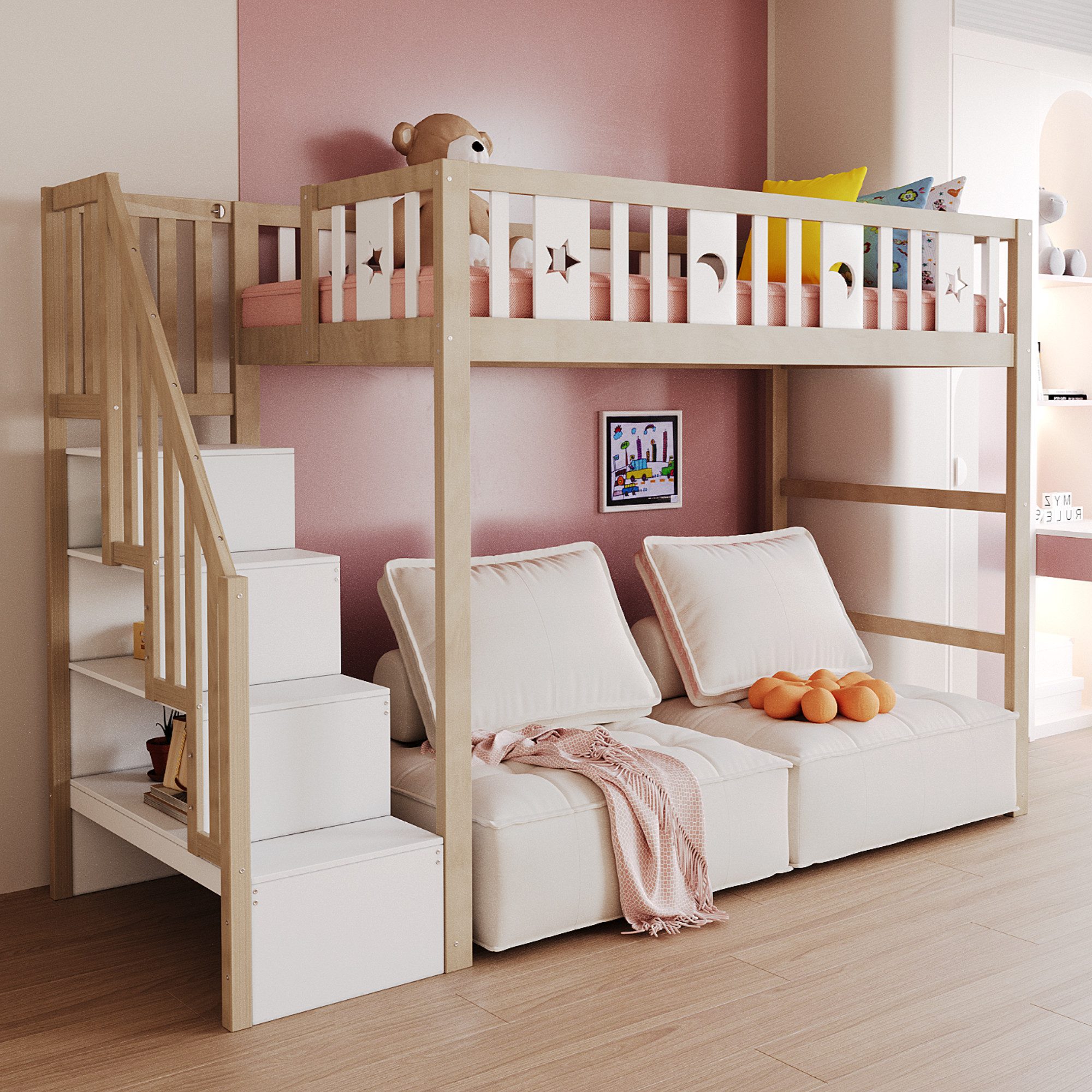 Flieks Hochbett Kinderbett 90x200cm mit Stauraumtreppe, günstig online kaufen