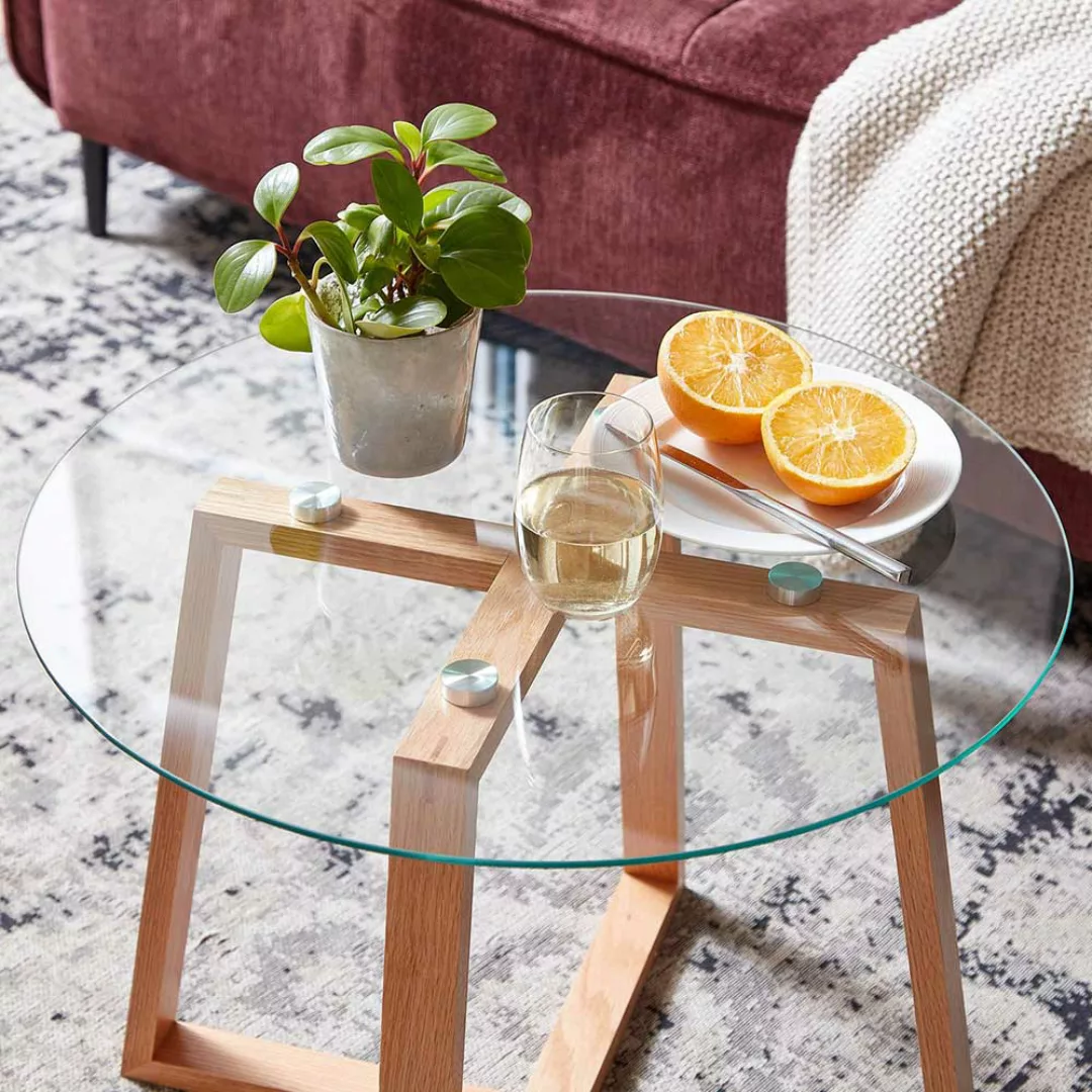 Sofa Beistelltisch aus Glas und massivem Eichenholz 58 cm Durchmesser günstig online kaufen