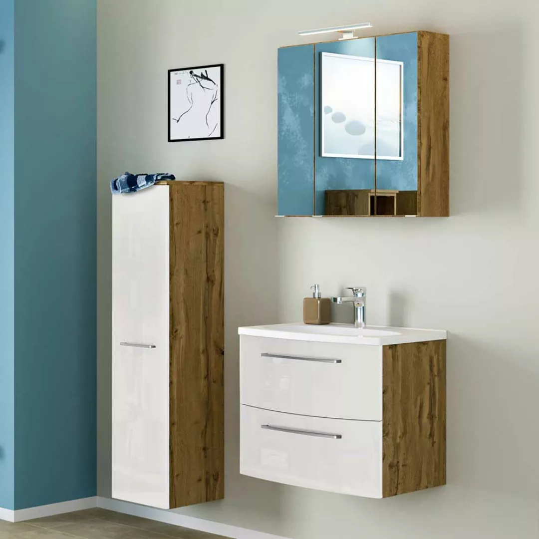 Badezimmer Möbelset in Hochglanz Weiß und Wildeiche Optik 90 cm breit (drei günstig online kaufen