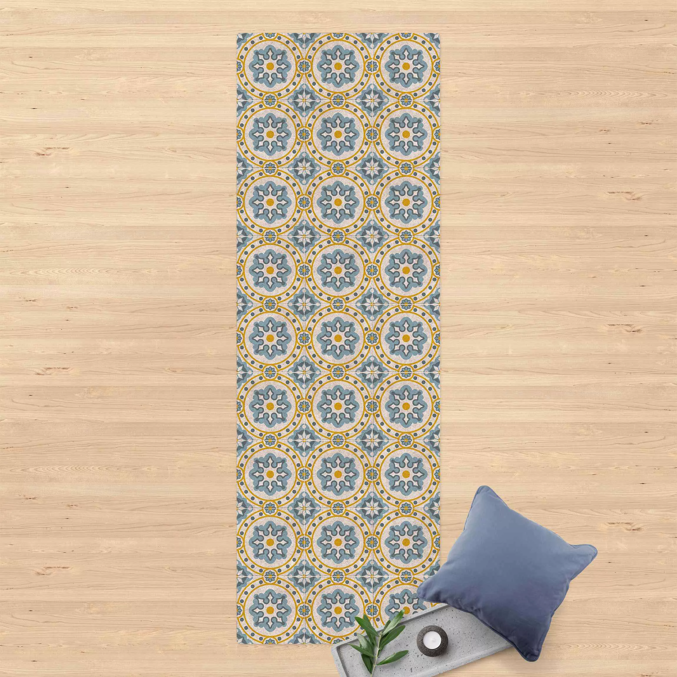 Kork-Teppich Florale Fliesen blau-gelb günstig online kaufen