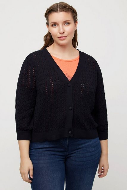 Ulla Popken Strickjacke Strickjacke Zopf-/Ajourmuster V-Ausschnitt 3/4-Arm günstig online kaufen