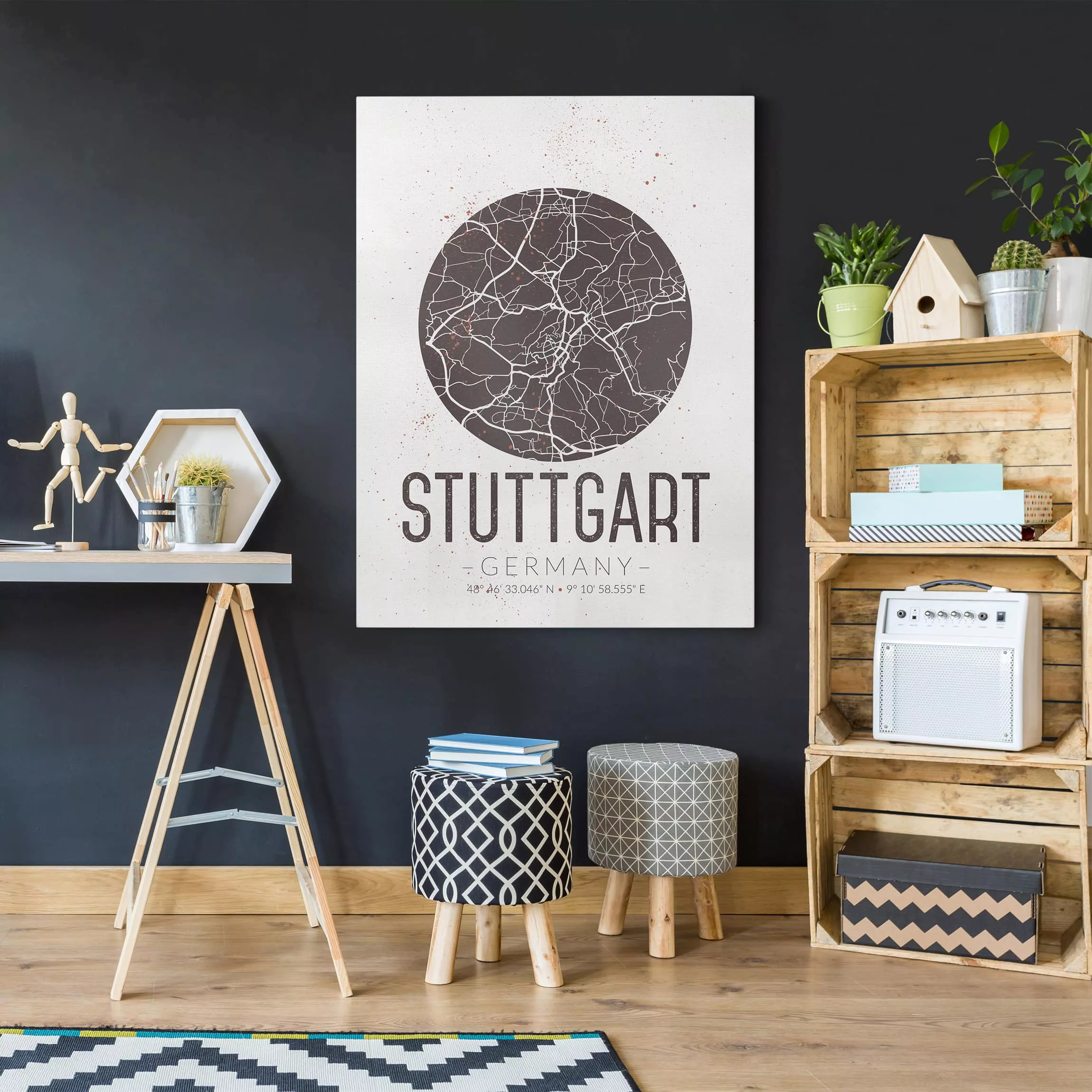 Leinwandbild Schwarz-Weiß - Hochformat Stadtplan Stuttgart - Retro günstig online kaufen