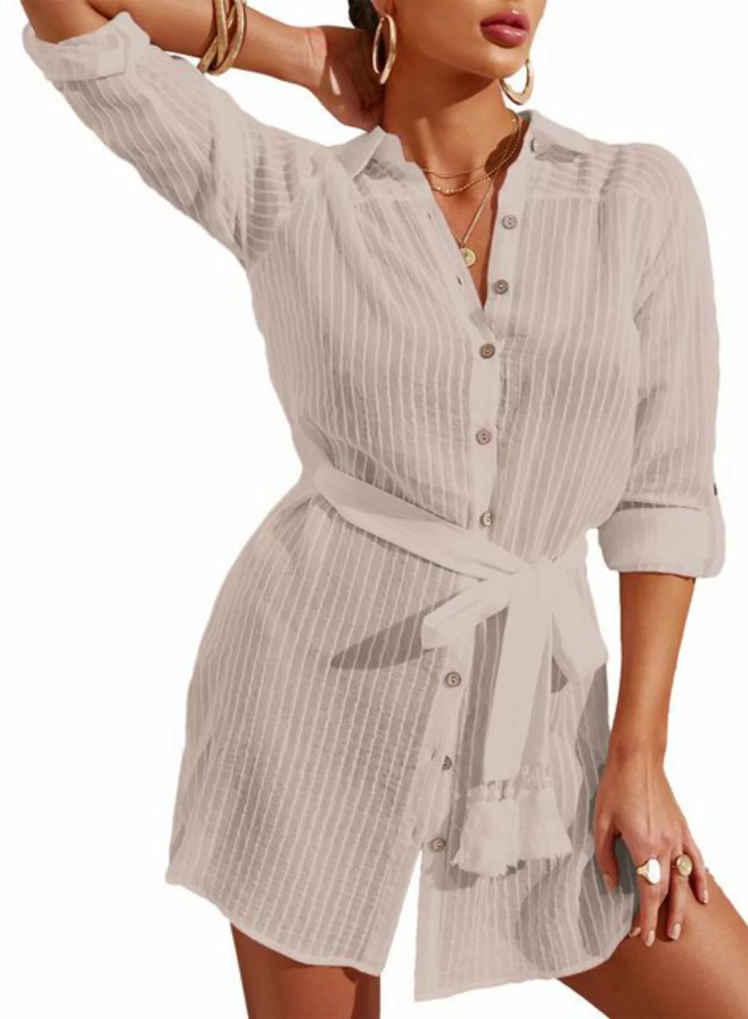 B.X Strandshirt Damen Schnürung einfarbig Knopfverschluss Kittel Schlitz Bl günstig online kaufen