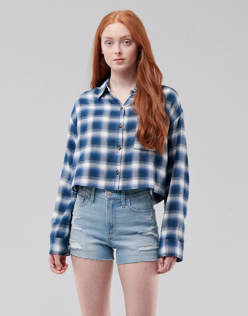 Hollister – Kurz geschnittenes Hemd mit Button-Down-Kragen und blauem Schot günstig online kaufen