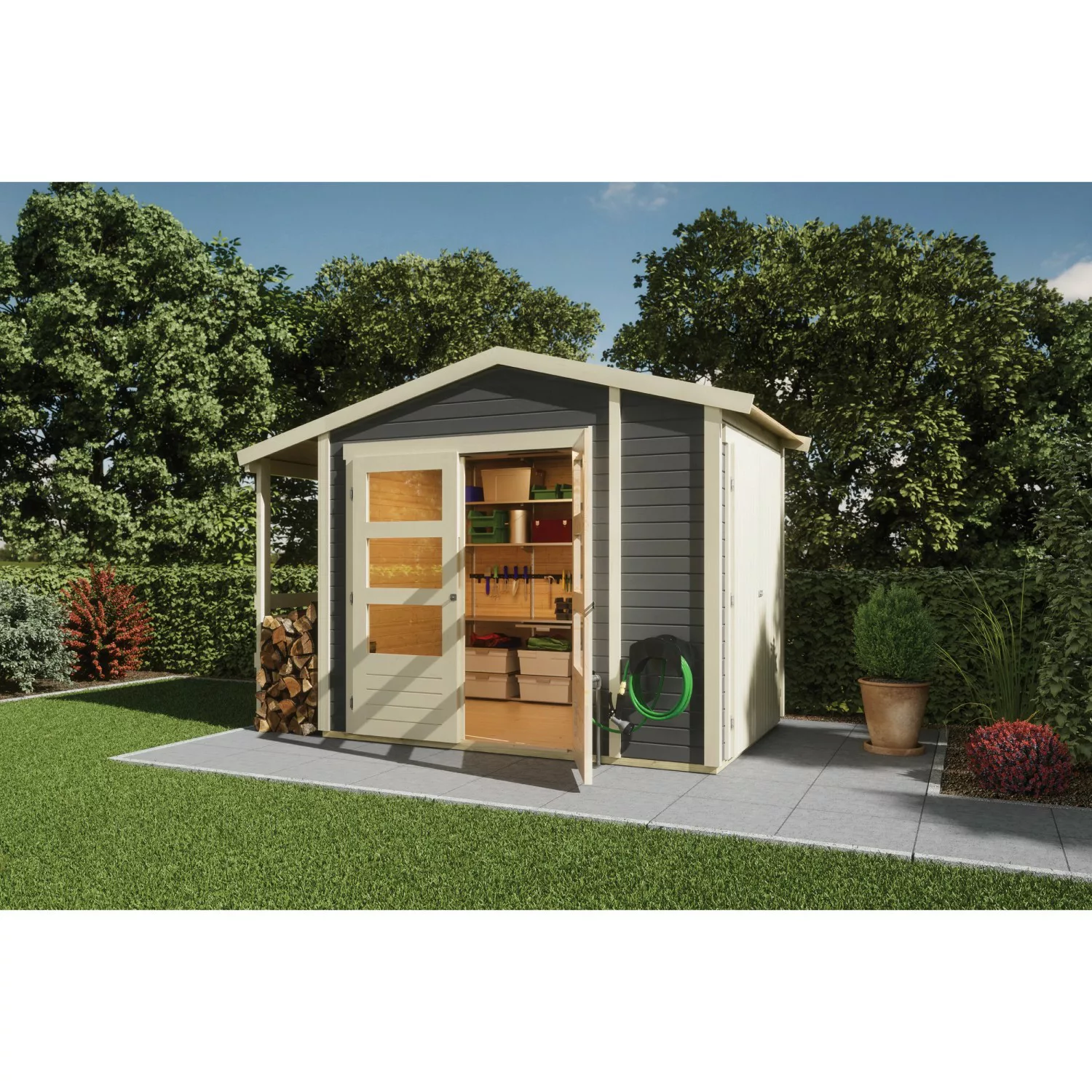 Karibu Gartenhaus/Gerätehaus Flexi 19 mm Satteldach Terragrau 4,42 m² günstig online kaufen