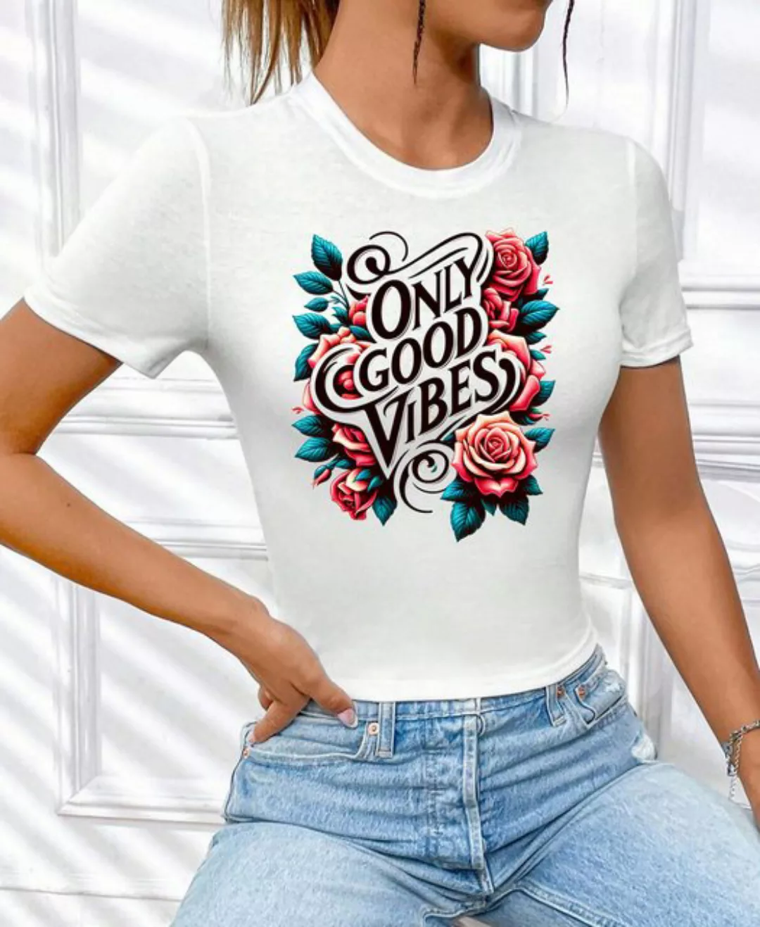 RMK T-Shirt Damen Shirt Bluse kurzarm Rundhals coolen Aufdruck "Good Vibes günstig online kaufen