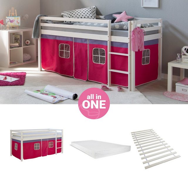 Homestyle4u Hochbett 90x200 cm Kinderbett Weiß mit Vorhang Pink (Set, mit L günstig online kaufen