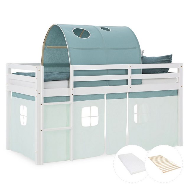 Homestyle4u Hochbett 90x200 Kinderbett Weiß Vorhang Mint Grün 1 Kind Kiefer günstig online kaufen