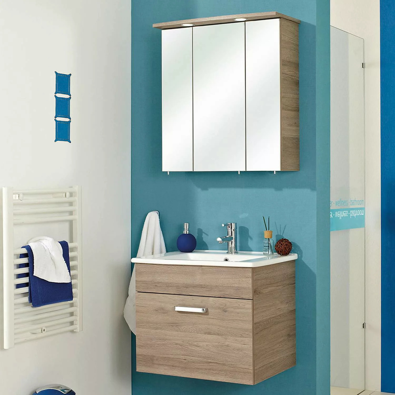 Waschplatz mit Spiegelschrank & LED - OSTENDE-66 in Sanremo Eiche - B/H/T: günstig online kaufen