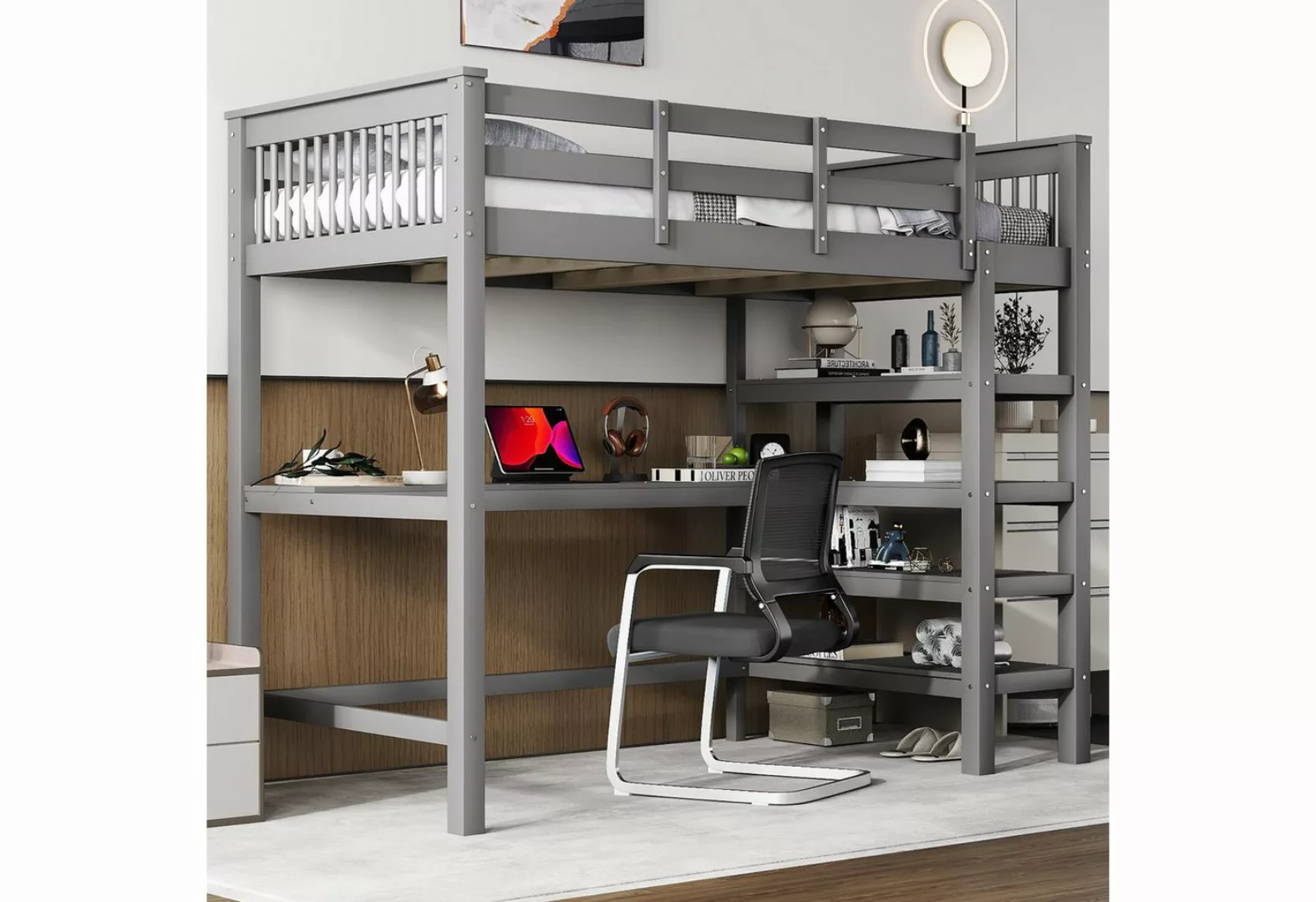 Merax Hochbett mit Schreibtisch und Bücherregal Etagenbett 90x200 cm mit Tr günstig online kaufen