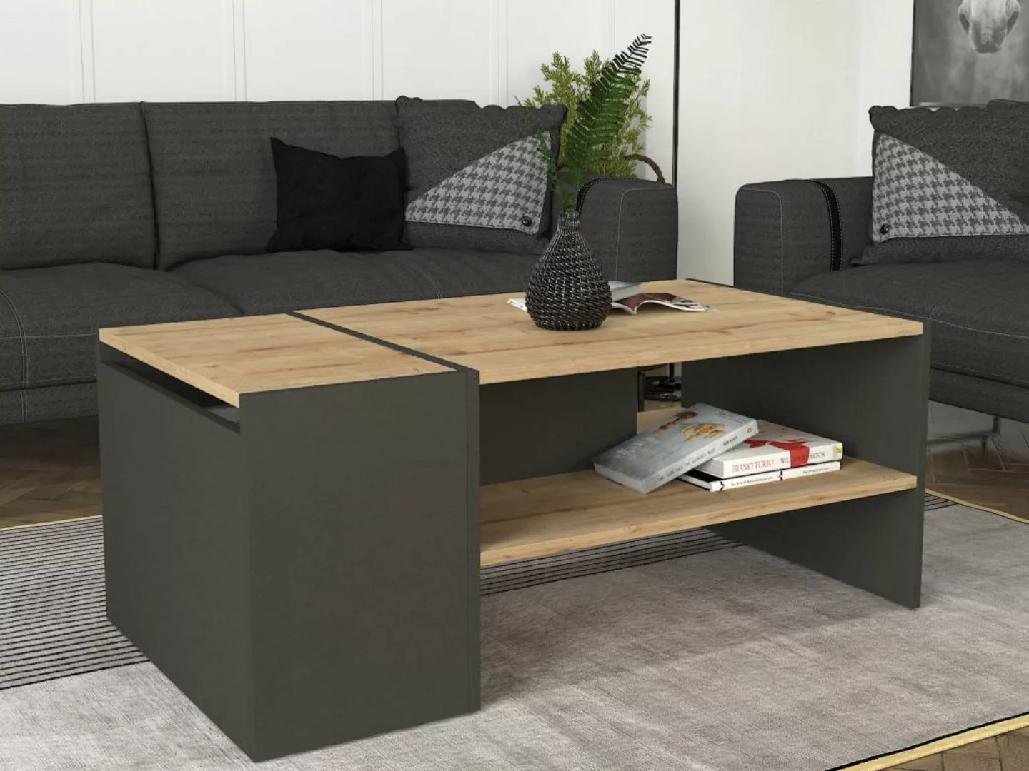 Couchtisch mit Stauraum - Anthrazit & Holzfarben - VELKAN günstig online kaufen