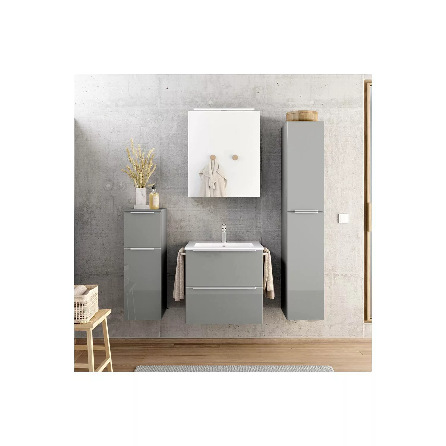 Badmöbel Komplett Set mit Spiegelschrank, 1 Handtuchhalter, Griffleisten ed günstig online kaufen