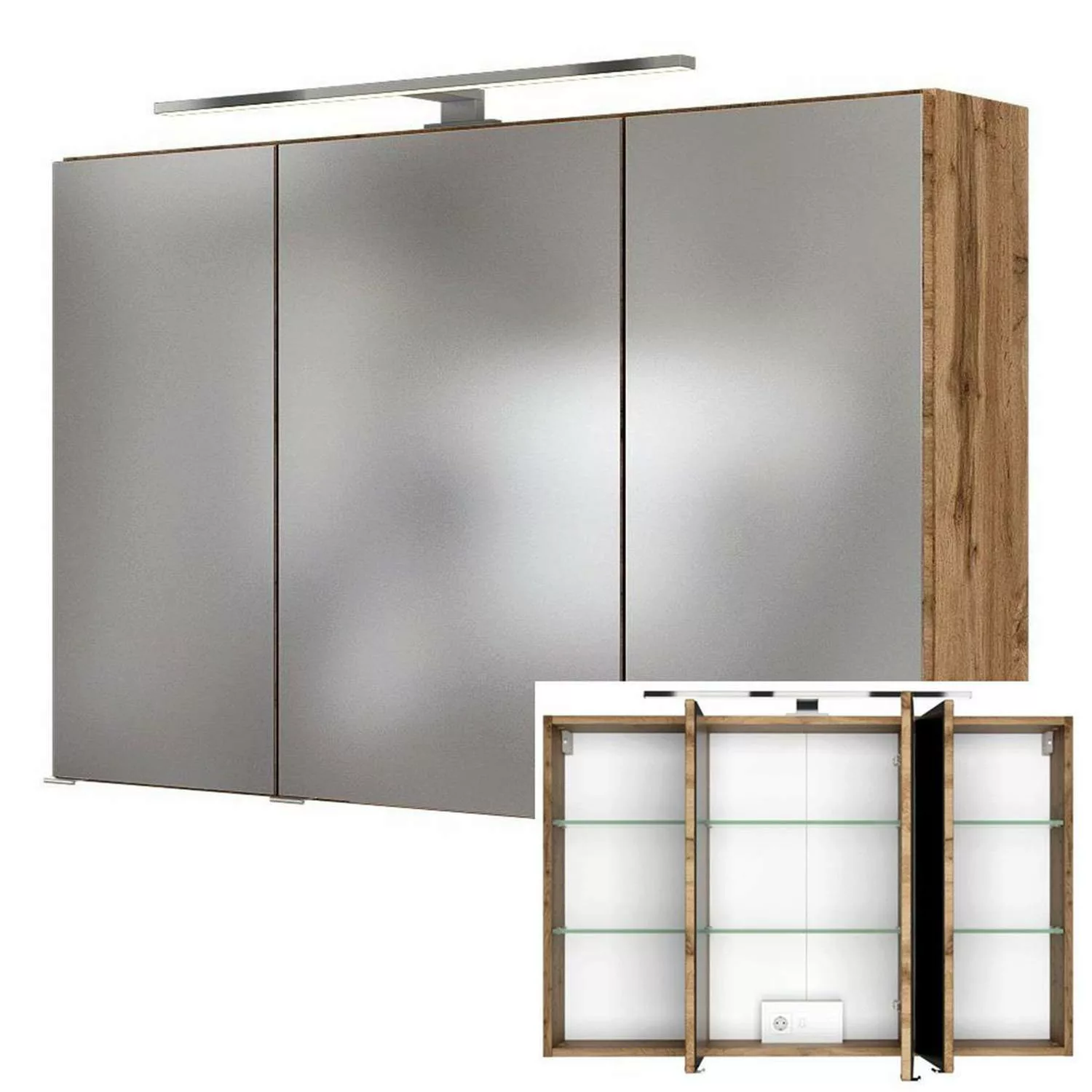 Badezimmer LED Spiegelschrank 100cm 3-türig FLORIDO-03-OAK in Wotaneiche Nb günstig online kaufen