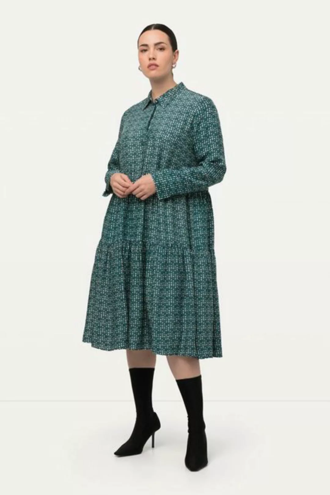 Ulla Popken Sommerkleid Hemdblusen-Maxikleid Volantsaum Hemdkragen Langarm günstig online kaufen