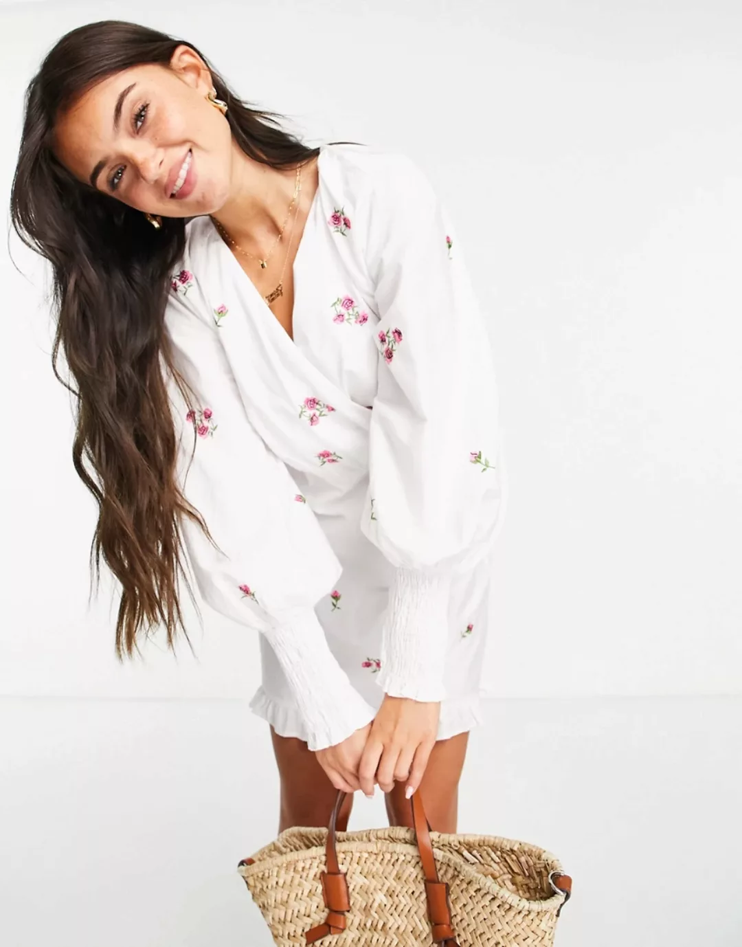 ASOS DESIGN – Minikleid aus Baumwoll-Popeline in Weiß mit Wickeldesign vorn günstig online kaufen