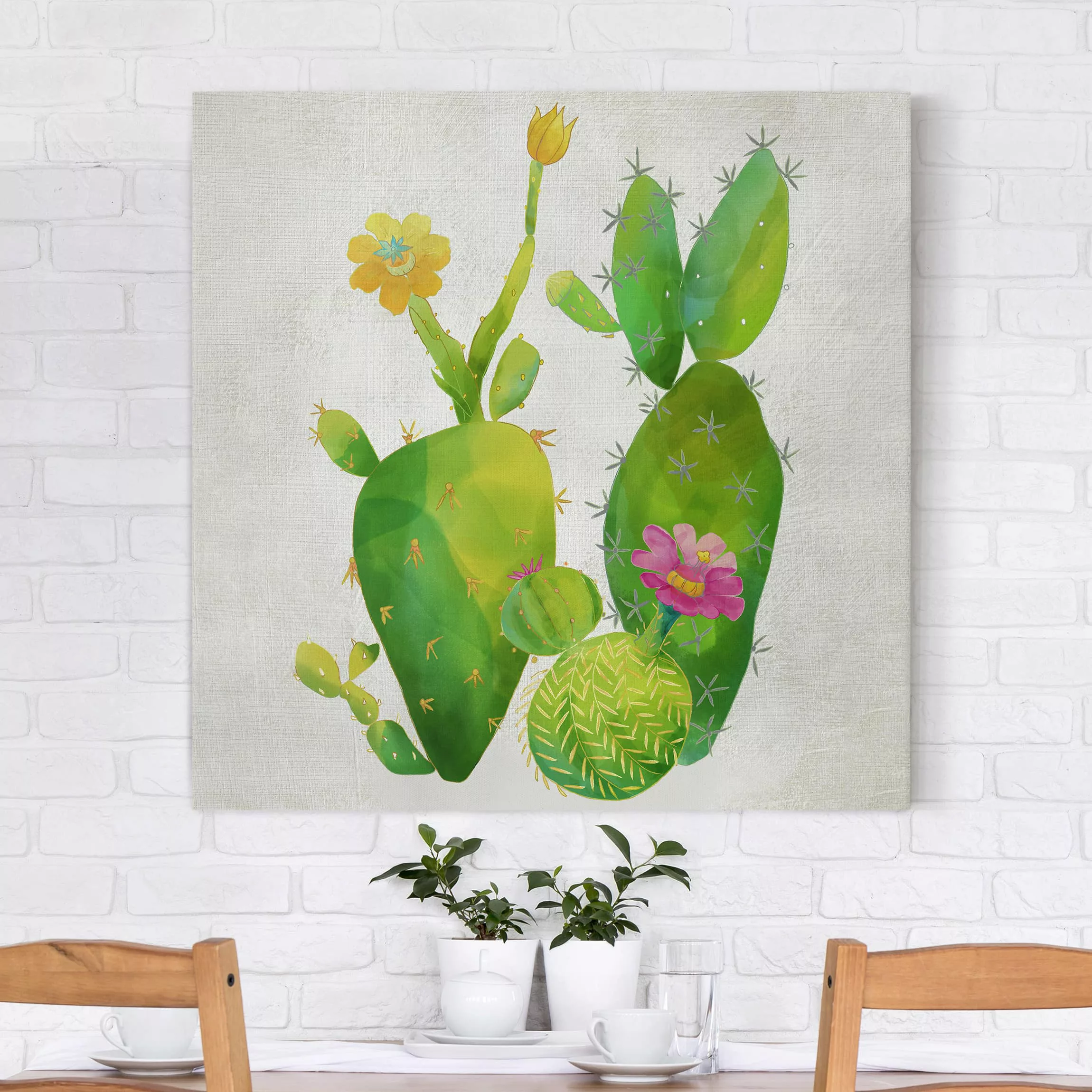 Leinwandbild Botanik - Quadrat Kaktusfamilie rosa gelb günstig online kaufen