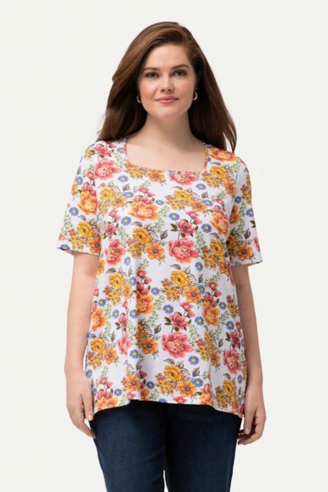 Ulla Popken Rundhalsshirt T-Shirt Blüten Carree-Ausschnitt Halbarm günstig online kaufen