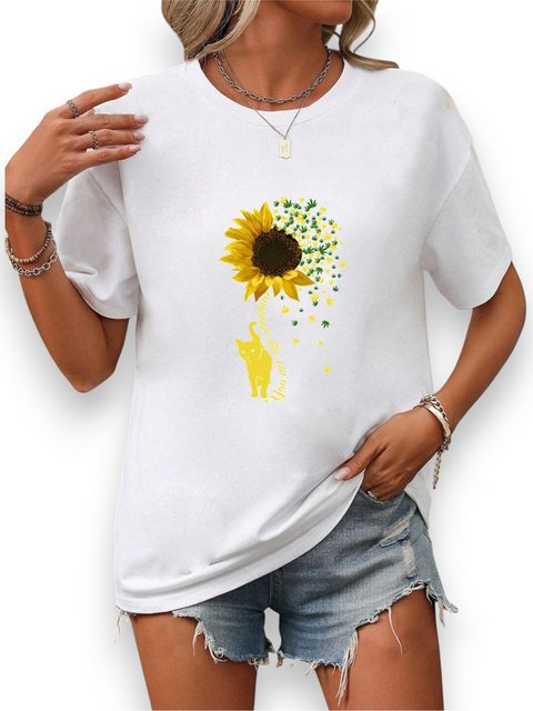 PYL Rundhalsshirt Damen Sommer Kurzarmbluse Locker Sonnenblume Print-Shirt günstig online kaufen