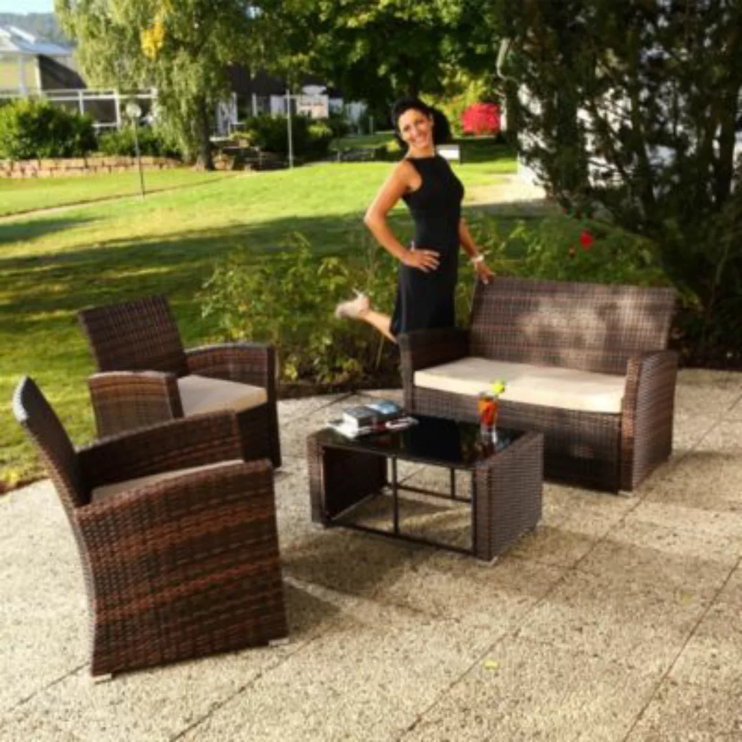 Mucola Sitzmöbel Gartengarnitur Loungeset aus Polyrattan in Braun mit Tisch günstig online kaufen