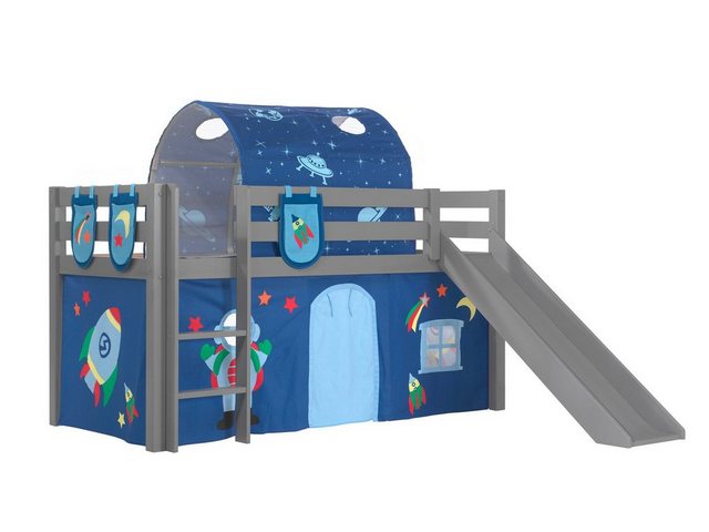 Natur24 Kinderbett Spielbett mit Rutsche und Textilset Pino Kiefer Grau günstig online kaufen