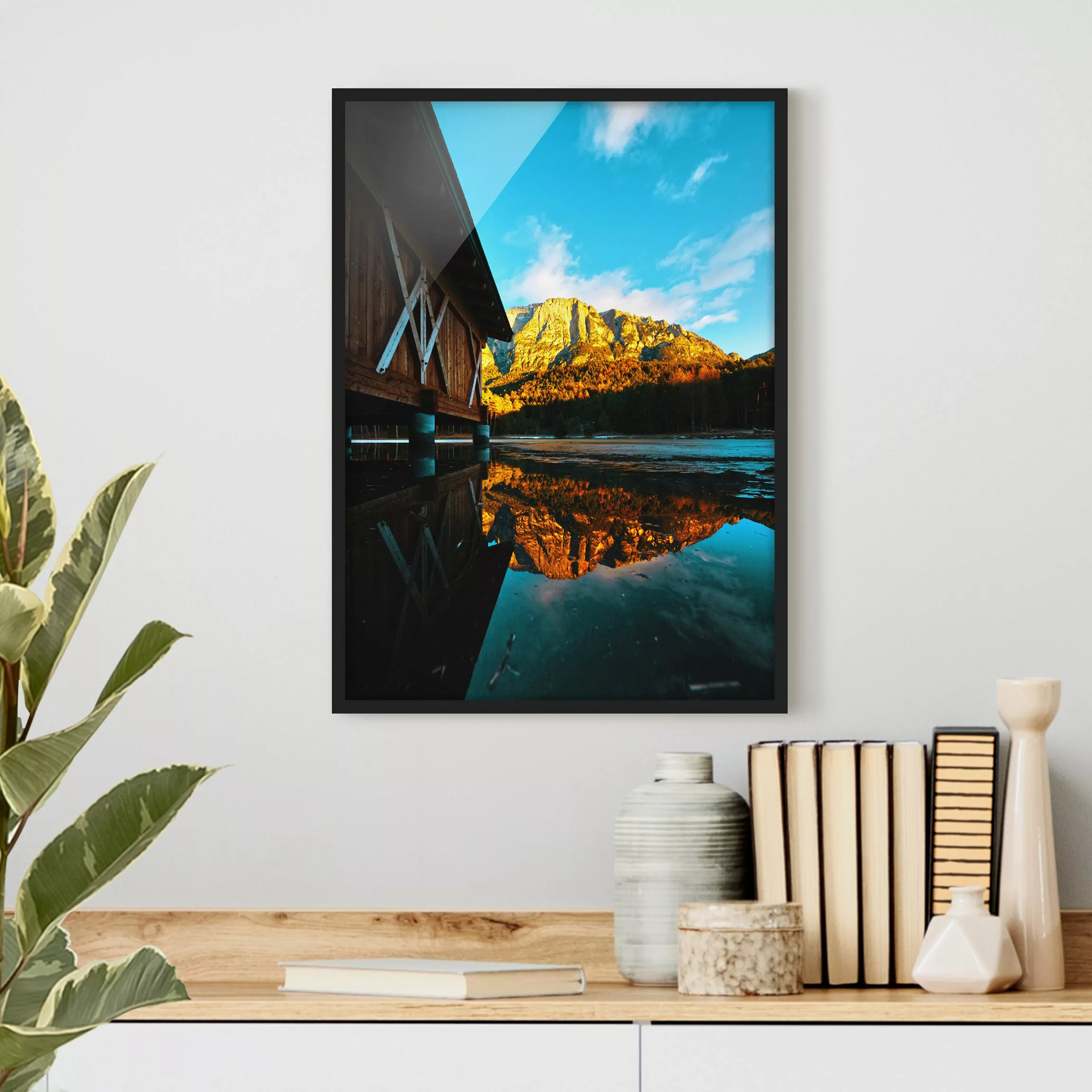 Bild mit Rahmen Bergspiegelung in den Dolomiten günstig online kaufen