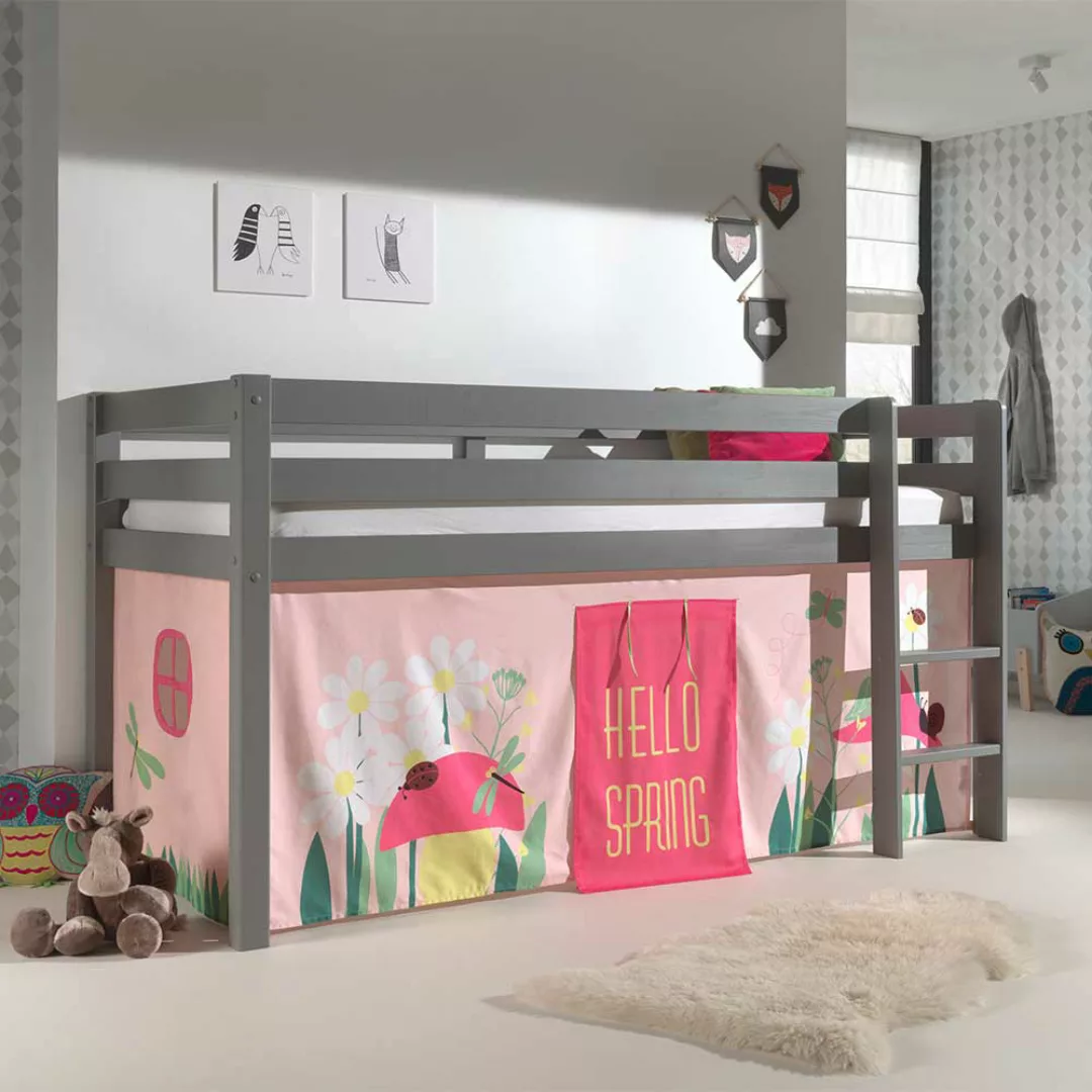Mädchen Kinderzimmerbett in Grau und Rosa Leiter und Vorhang günstig online kaufen