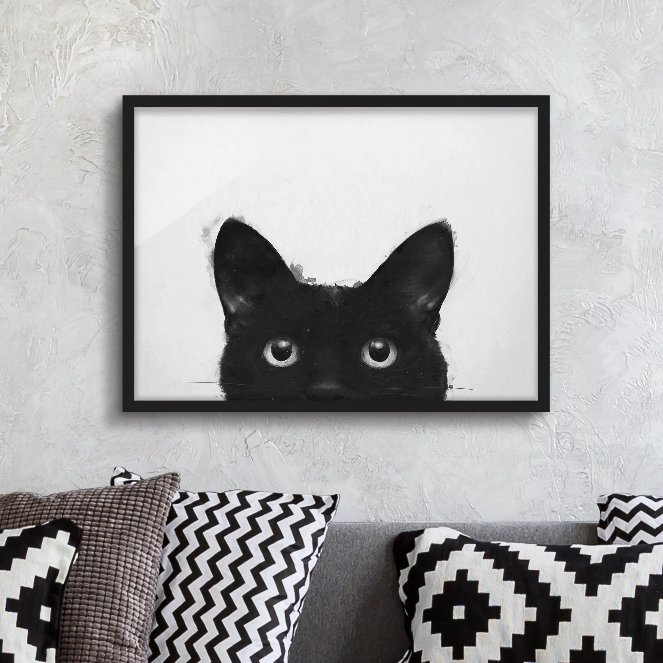 Bild mit Rahmen Tiere - Querformat Illustration Schwarze Katze auf Weiß Mal günstig online kaufen