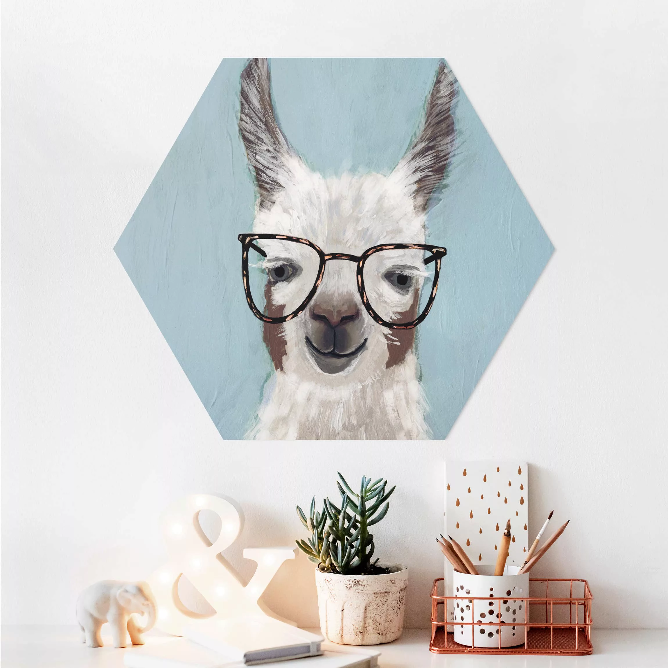 Hexagon-Alu-Dibond Bild Tiere Lama mit Brille II günstig online kaufen