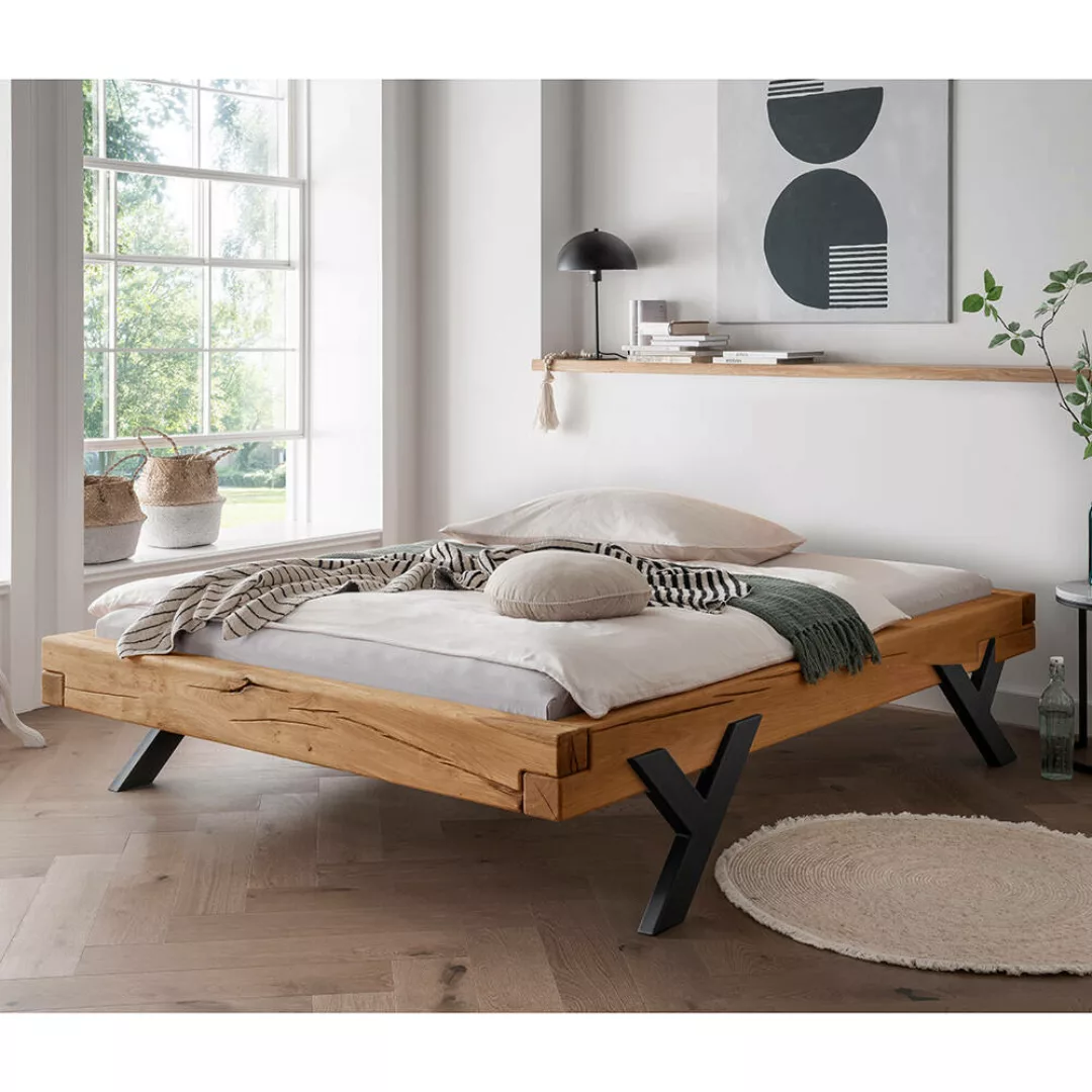 Massivholz Doppelbett, 160x200 cm, Eiche massiv, ohne Kopfteil, schwarze Be günstig online kaufen