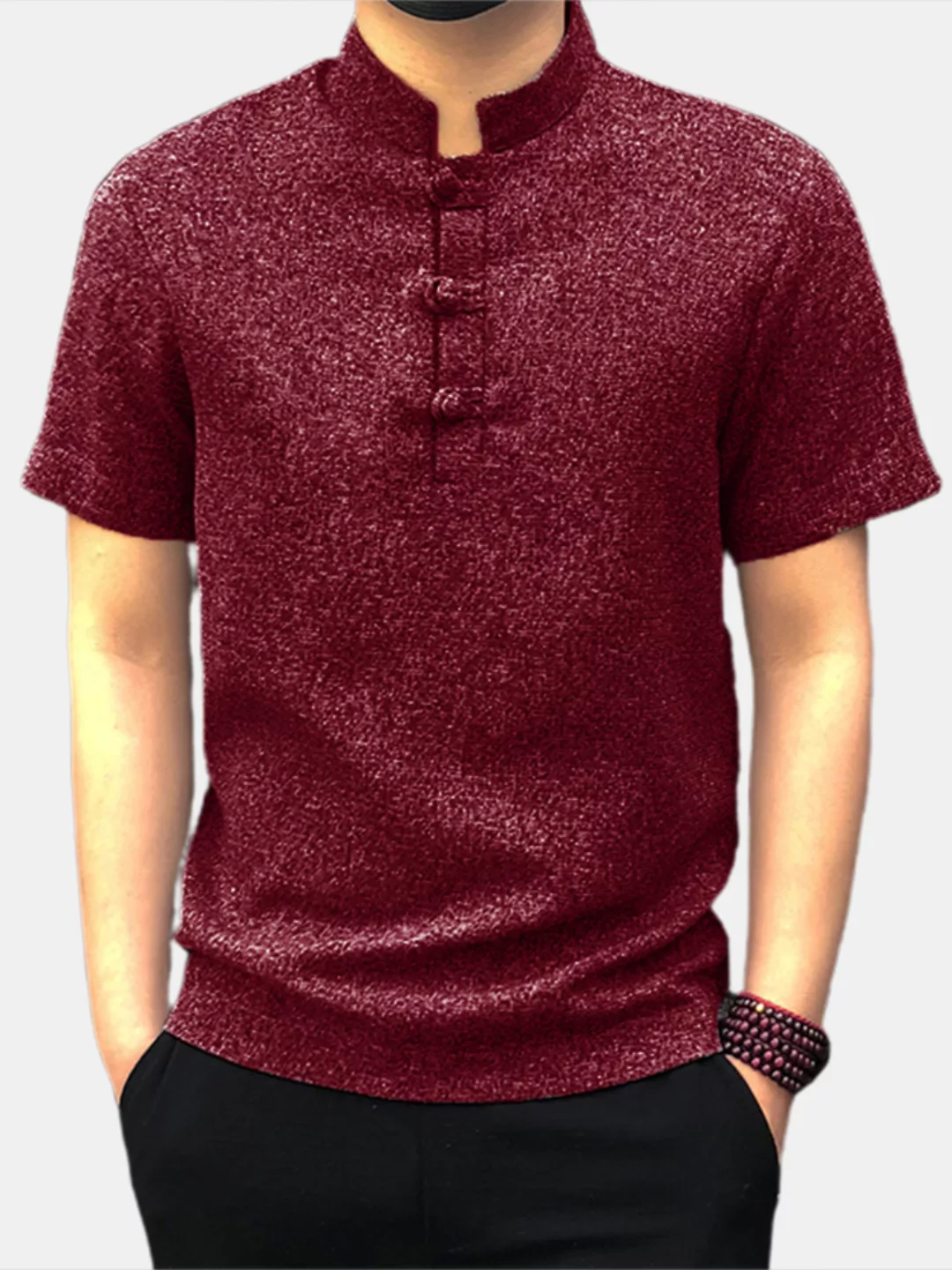 Herren Soild Chinese Button V-Ausschnitt Kurzarm Henley Shirt günstig online kaufen