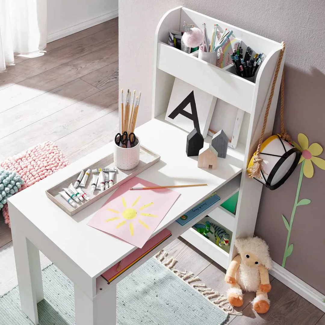 Kinderzimmerschreibtisch in Weiß Seitenregalen günstig online kaufen