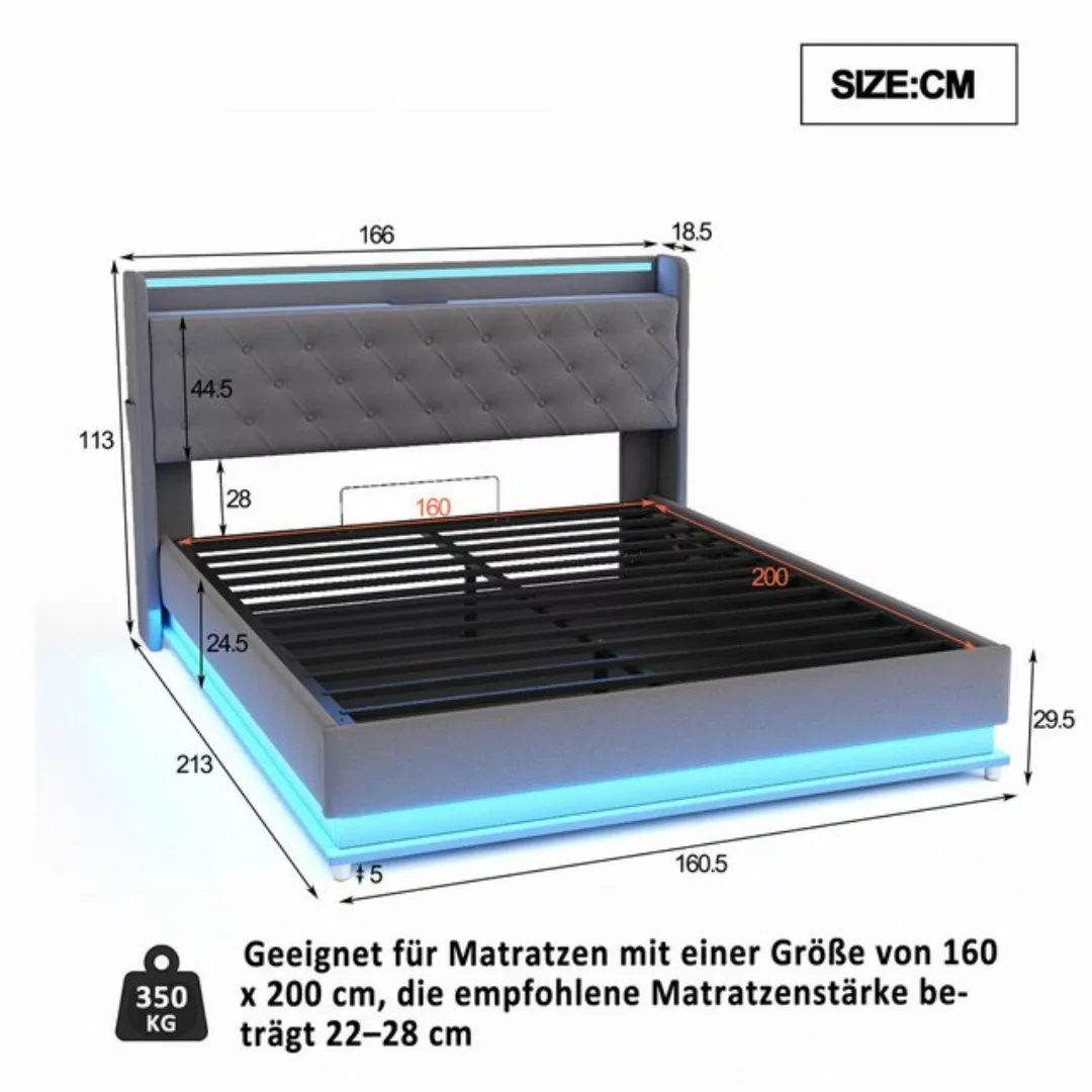 Flieks Polsterbett, LED Hydraulisches Stauraumbett Doppelbett mit Ladefunkt günstig online kaufen