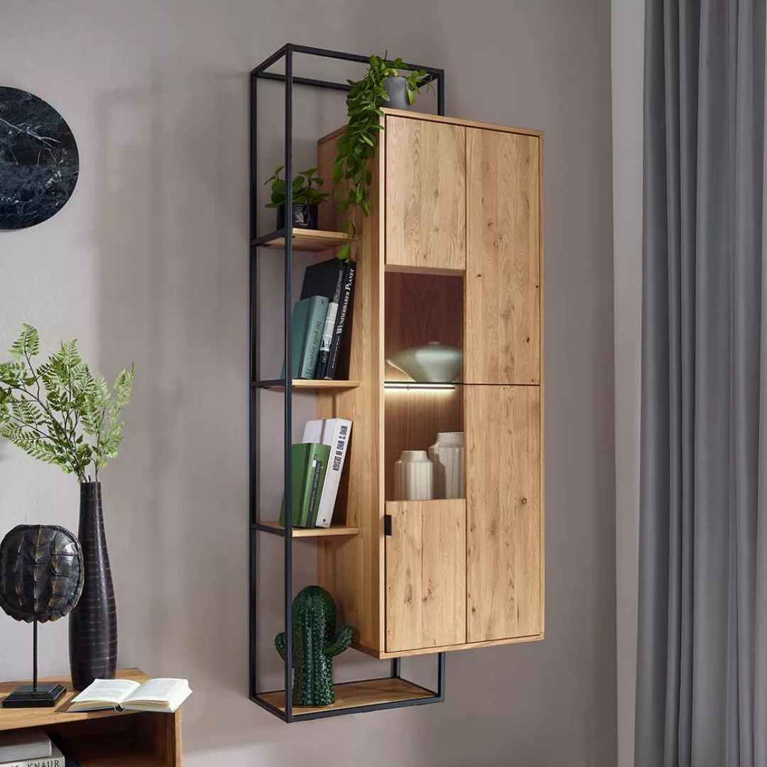 Wohnzimmer Hängeschrank aus Wildeiche Massivholz Metall günstig online kaufen