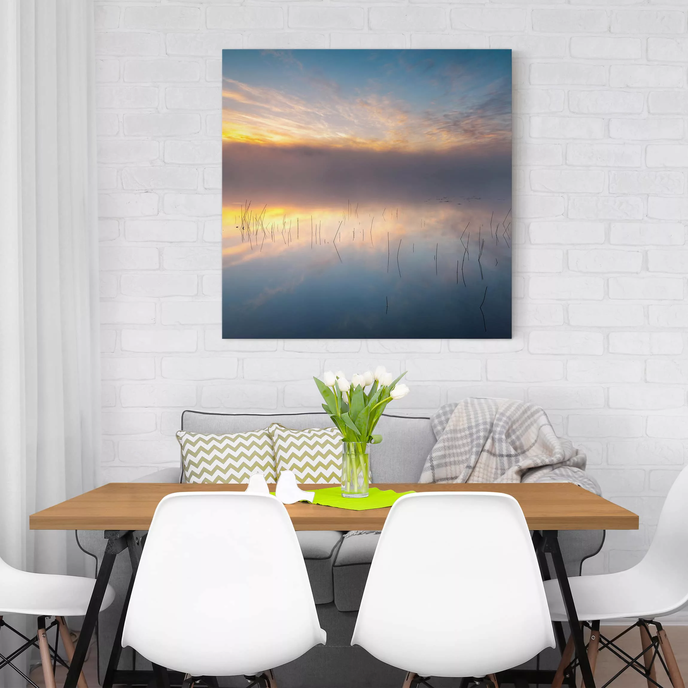 Leinwandbild Sonnenuntergang - Quadrat Sonnenaufgang schwedischer See günstig online kaufen