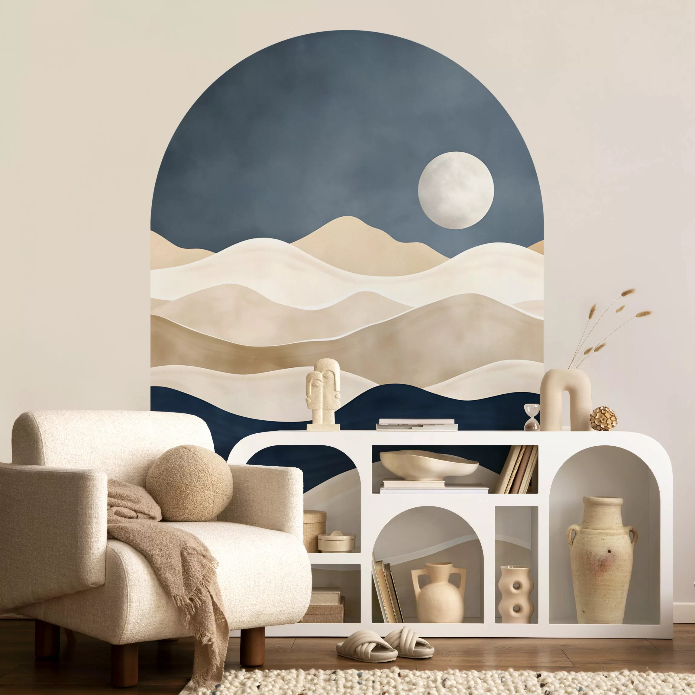 Rundbogen Tapete Minimalistische Boho Landschaft Beige Blau günstig online kaufen