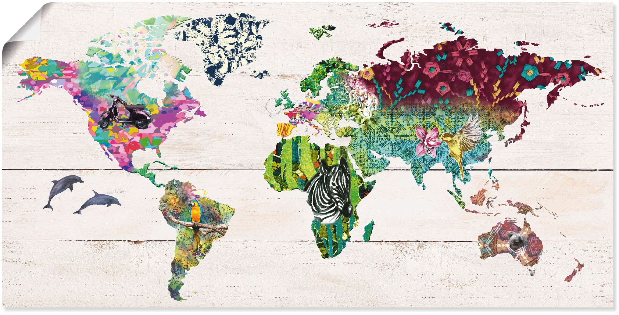 Artland Wandbild "Bunte Welt auf hölzernem Untergrund", Landkarten, (1 St.) günstig online kaufen