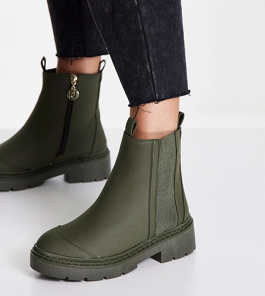 River Island Wide Fit – Drench – Klobige Stiefel in Khaki mit Zwickel, weit günstig online kaufen