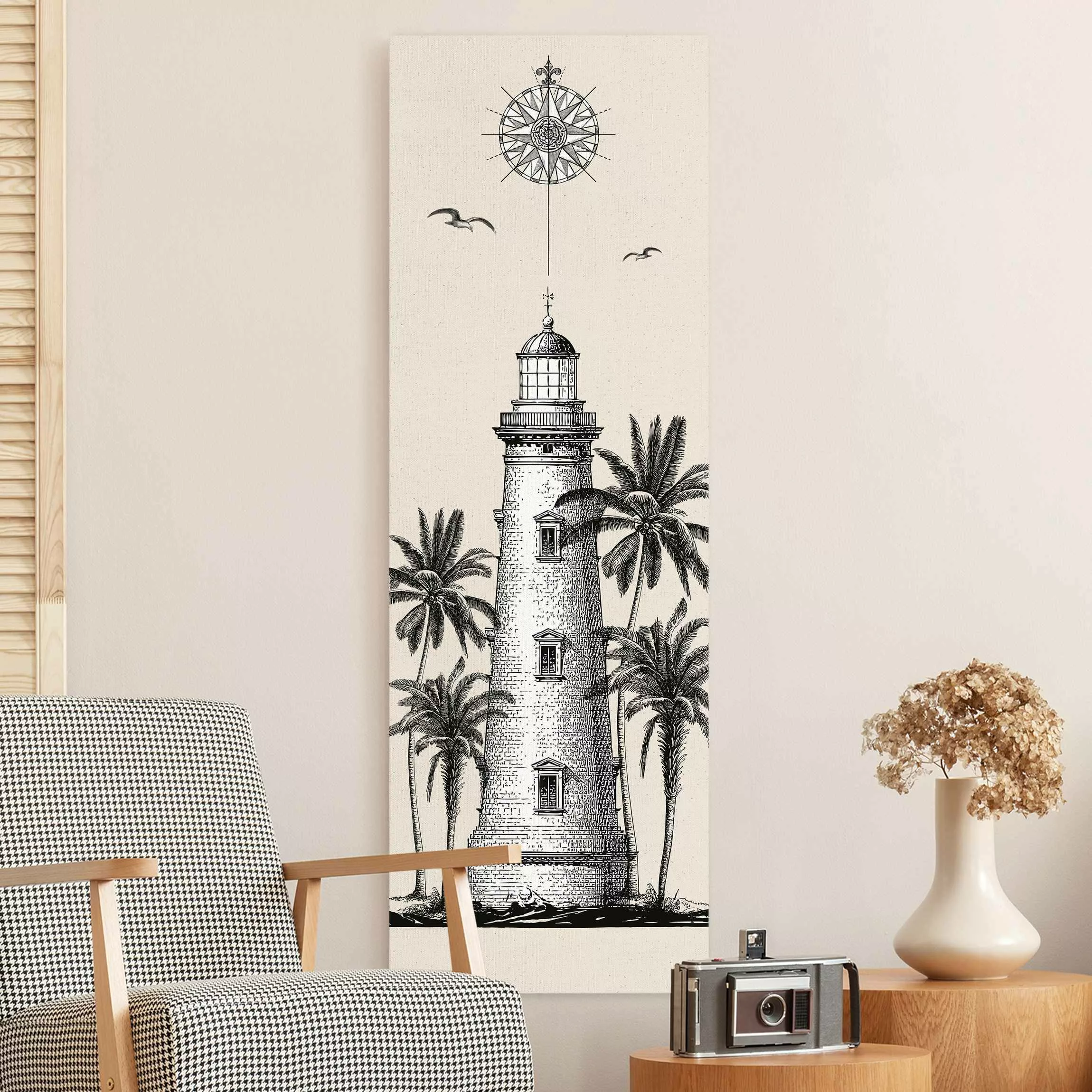 Leinwandbild auf Canvas Natural Nautik Leuchtturm mit Kompassrose günstig online kaufen