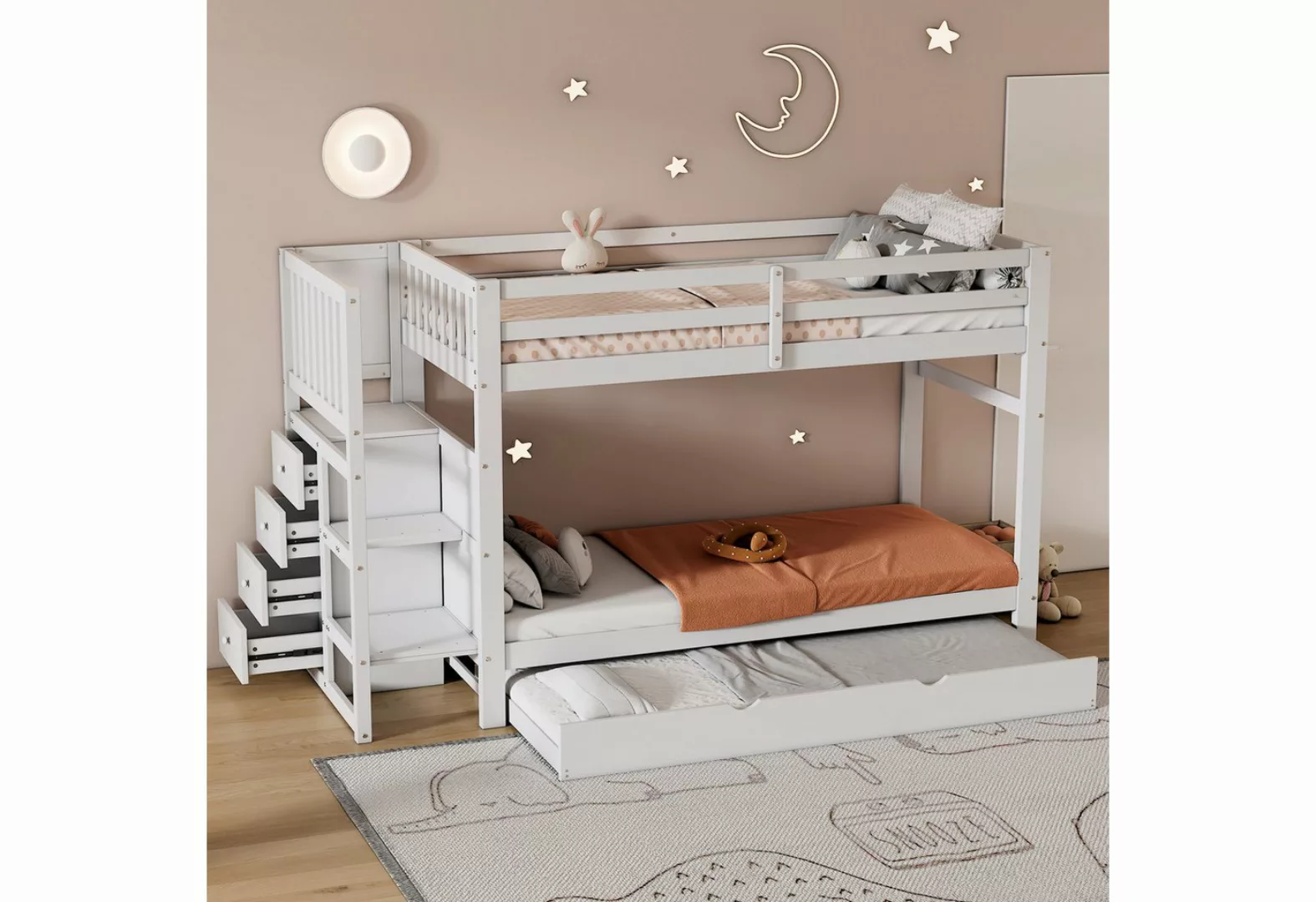 REDOM Etagenbett Holzbett, drei Schlafplätze, absenkbares Bett, vier Schubl günstig online kaufen