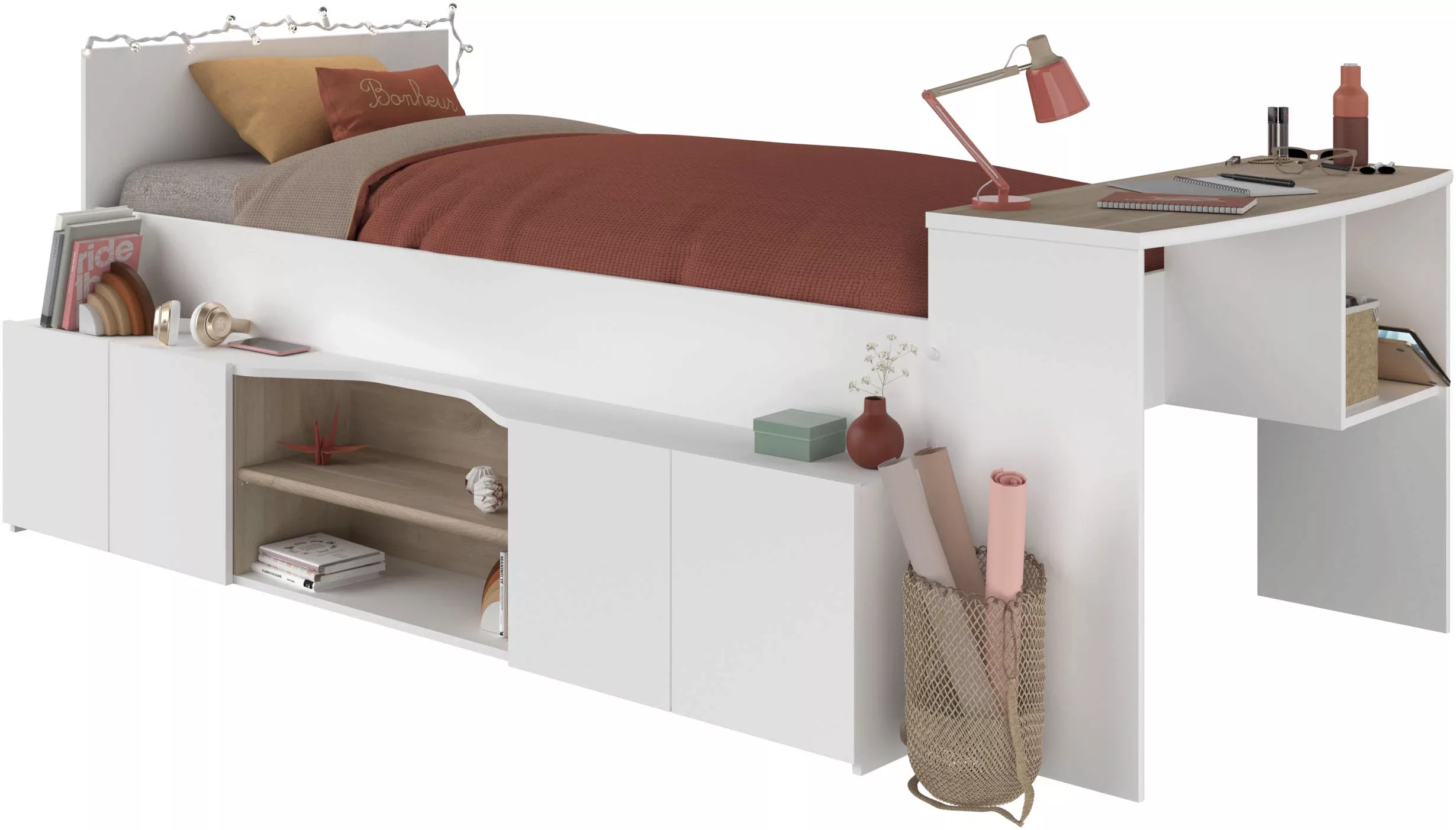 Kombibett mit Schreibtisch & Stauraum - 90 x 190/200 cm - Weiß & Holzfarben günstig online kaufen