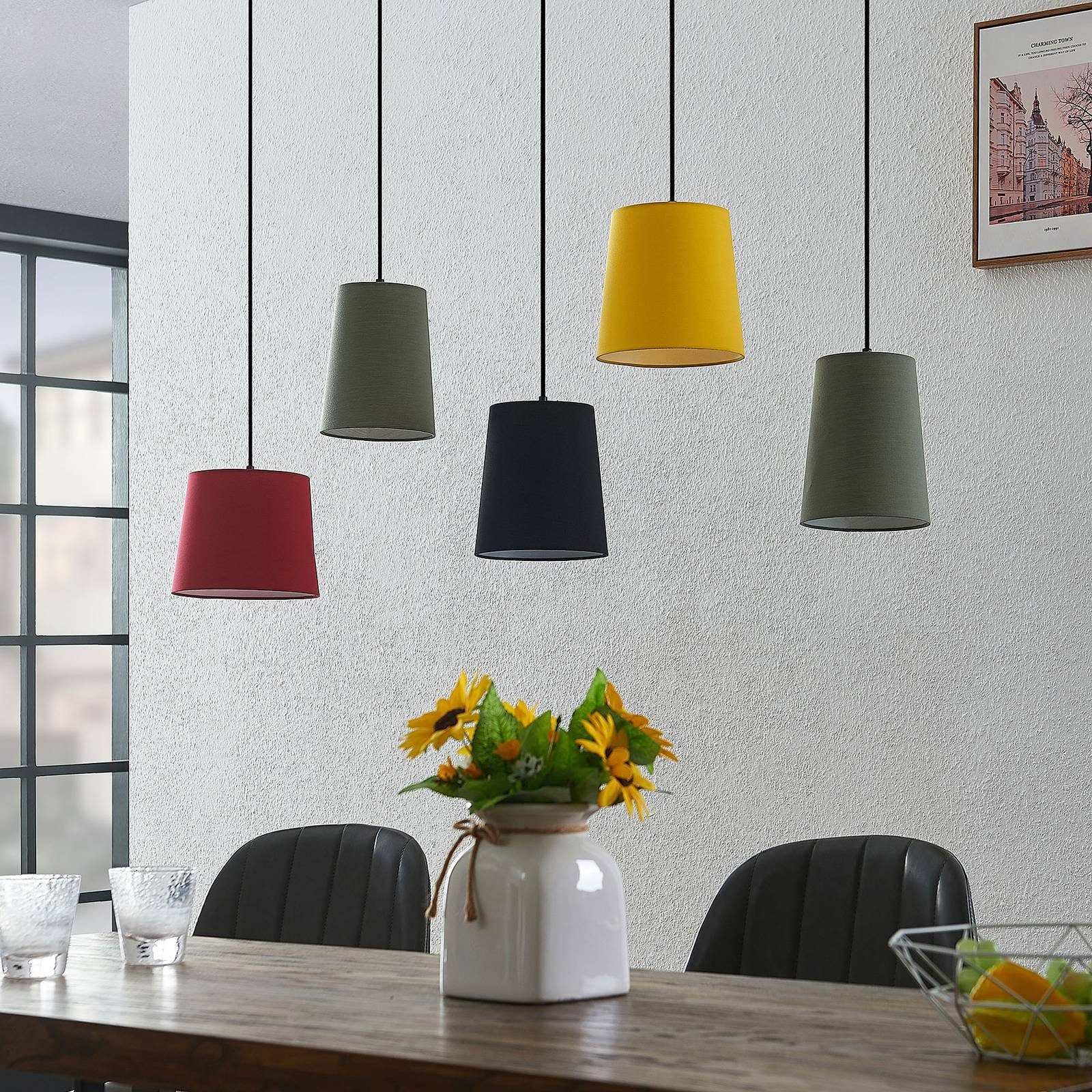 Lindby Hängelampe Amilia, Stoff, 5-flg., rot/grau/gelb, E27 günstig online kaufen