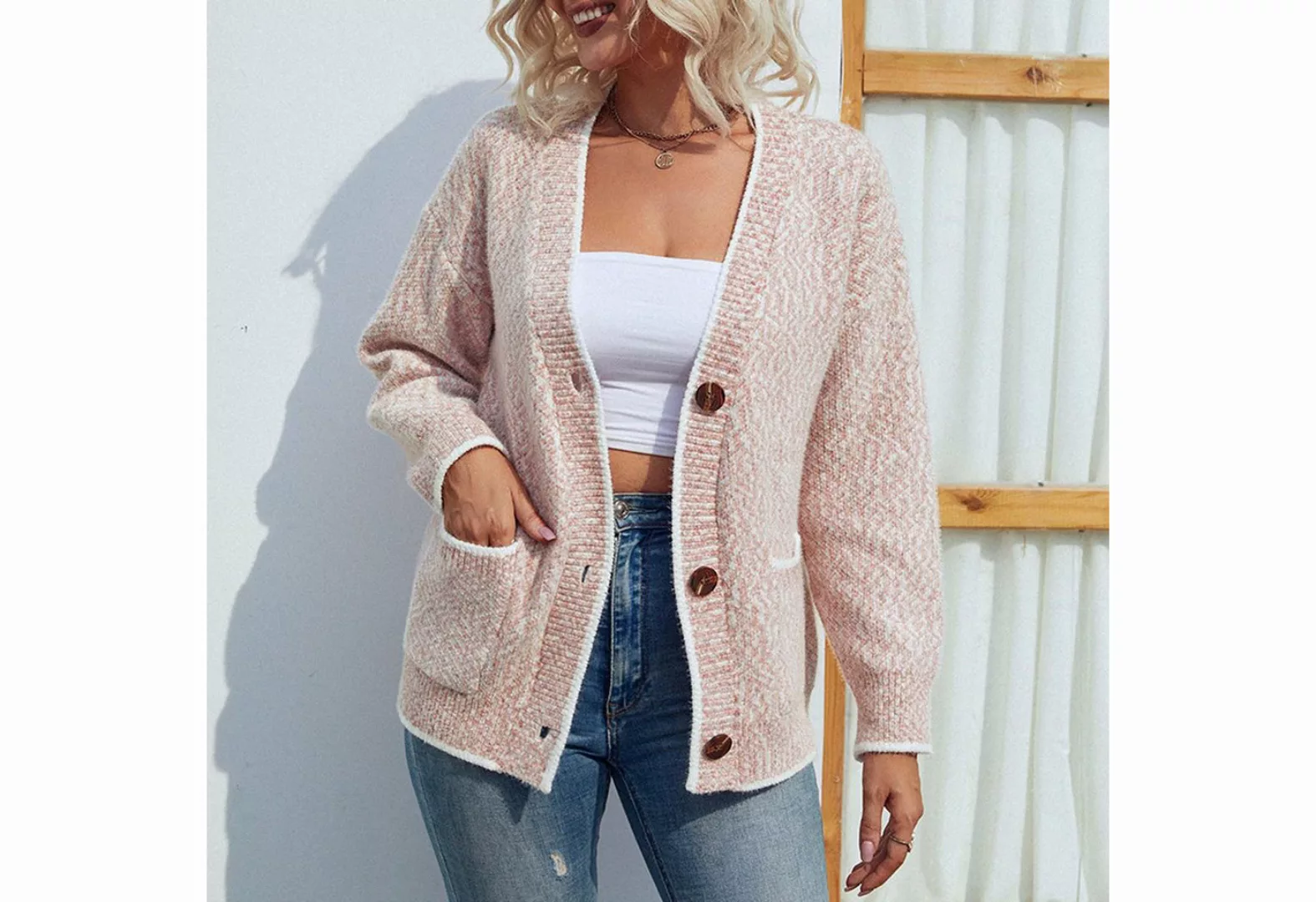 FIDDY Cardigan Kontrastfarbener Knopfpullover Herbst Winter Pullover Damen- günstig online kaufen