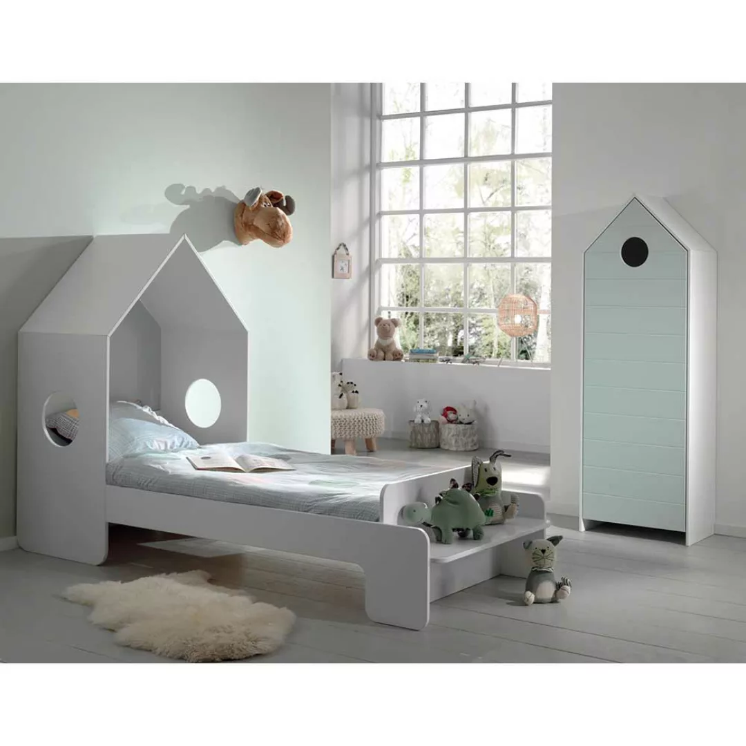 Kinderzimmermöbel Set in Weiß und Mintgrün Haus Optik (zweiteilig) günstig online kaufen